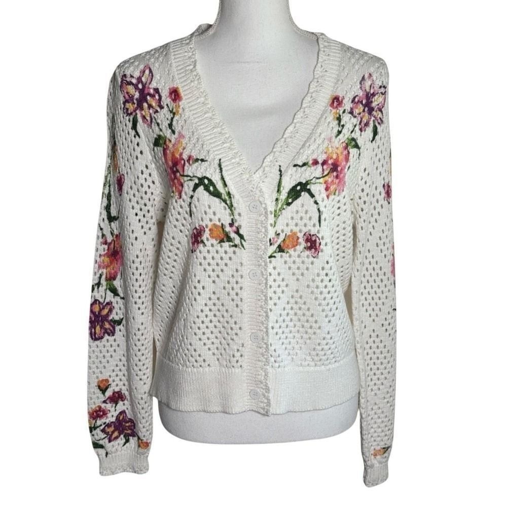 Alison Sheri Floral Knit Women's Cotton Cardigan Sweater Size‎ S/P
